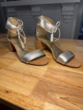 Bandolino Gold Metallic Cork Block Heel Sandals with Ankle Tie - Size 9